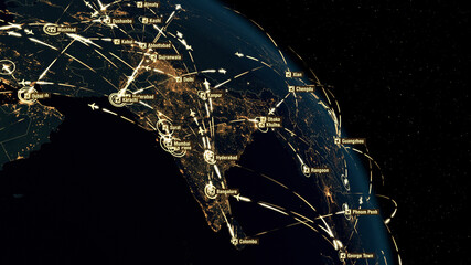 Flight Paths in Asia. World Airplane Flight Travel Plans. Global Flight Connections. City Lights and Names. 3D Illustration.