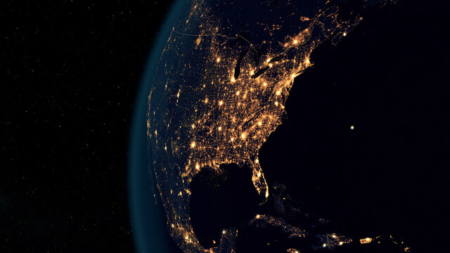 North America at Night. Stunning 3D Illustration of Earth Bathed in City Lights at Night.