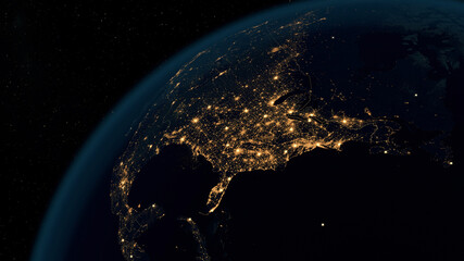 North America at Night. Stunning 3D Illustration of Earth Bathed in City Lights at Night.