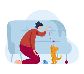 Girl play with kitten, love cat pet at cartoon home, vector illustration. Happy cute domestic animal and young person character friendship. Female owner care about kitty, flat woman have fun.