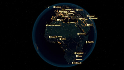Global Communications and Connections over Europe and Africa. City Lights at Night and City Names. 3D Illustration.