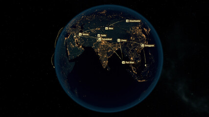 Flight Paths in Asia. World Airplane Flight Travel Plans. Global Flight Connections. City Lights and Names. 3D Illustration.