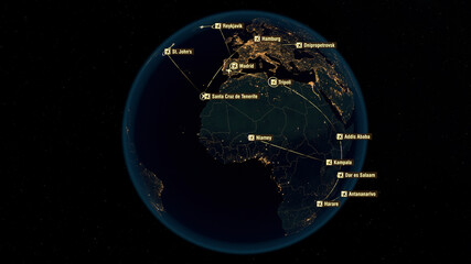 Global Communications and Connections over Europe and Africa. City Lights at Night and City Names. 3D Illustration.