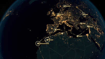 Flight Paths Over Europe. World Airplane Flight Travel Plans Connections. Global Communications - 3D Illustration. Airports Departures and Arrivals. Transportation Clusters. City Names