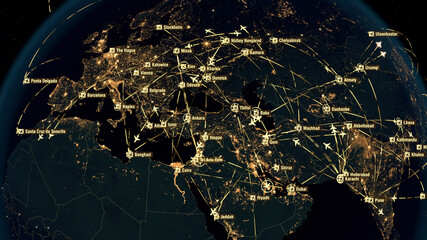 Global Communications - Destinations Over Europe. Airport International Connectivity. World Airplane Flight Travel Plans Connections. The HiRes Texture of City Lights. 3D Rendering.