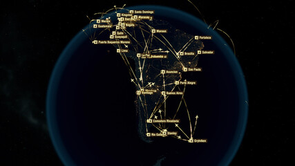 Global Communications and Connections over South America. Argentina, Chile, Brazil. City Lights. 3D Rendering. © editableclips.com