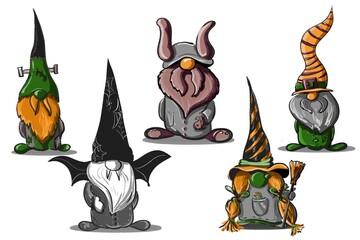 Halloween holiday set of gnomes in costumes of vampire viking witch frankenstein and jolly. freehand drawing