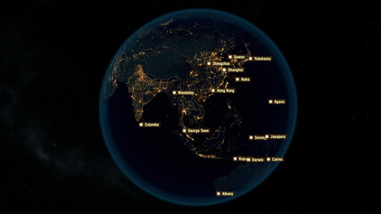Cities of the Asia. City Names on the Globe with Night Lights. 3D Illustration.