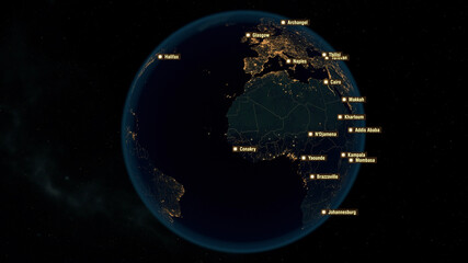 Cities of Europe and America. City Names on the Globe with Night Lights. 3D Illustration.