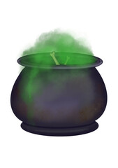 Magical cauldron with green poison and bones. Hand drawn cartoon Halloween witch cauldron with boiling potion. Magic liquid inside. Halloween decorations. isolated on white background.