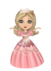 Super cute little blond hair princess with golden crown in pink dress. Hand drawn. Isolated on white background. Little fairy tale queen . Cartoon princess.