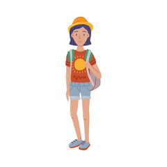 Young Woman Standing with Backpack Summer Outdoor Activity, Travel, Camping, Backpacking Trip Cartoon Style Vector Illustration