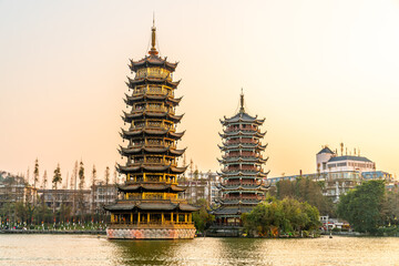 Night view of sun and Moon Twin Towers in Guilin, Guangxi Province, China