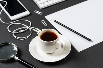 Top view of modern workplace with blank paper