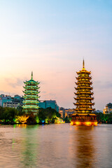 Night view of sun and Moon Twin Towers in Guilin, Guangxi Province, China