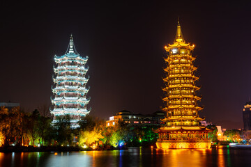 Night view of sun and Moon Twin Towers in Guilin, Guangxi Province, China