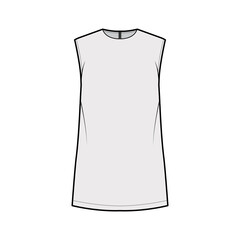 Cady tunic technical fashion illustration with crew neckline, sleeveless, oversized, back zip fastening, elongated hem. Flat apparel shirt template front grey color. Women men, unisex top CAD mockup