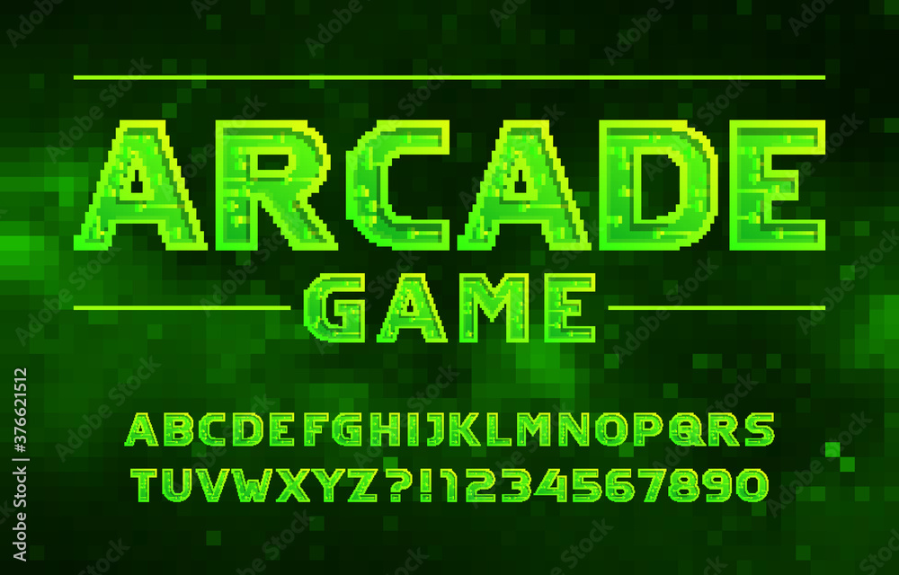 Fototapete Arcade Game alphabet font. Pixel letters, numbers and symbols. Digital background. 80s arcade video game typescript.