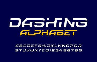 Dashing alphabet font. Dynamic letters and numbers. Stock vector typescript for your typography design.