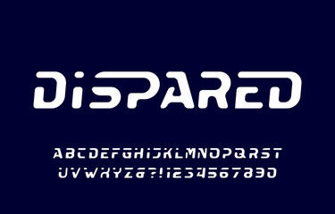 Dispared alphabet font. Futuristic oblique letters and numbers. Stock vector typescript for your typography design.