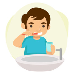 A happy boy every morning brushes his teeth. Vector illustration concept