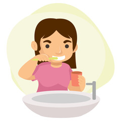 A cute teenage girl is brushing her teeth after every meal in the bathroom