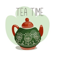 Isolated Christmas teapot for tea on a white background with ethnic pattern, lettering and decorative stain. Vector stock illustration for postcard or print in cute cartoon hygge style.