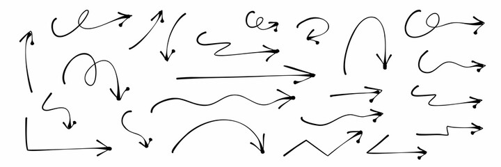 Hand drawn arrows doodle. Handmade sketch symbols set direction mark on a white background. vector illustration graphic design elements. - obrazy, fototapety, plakaty