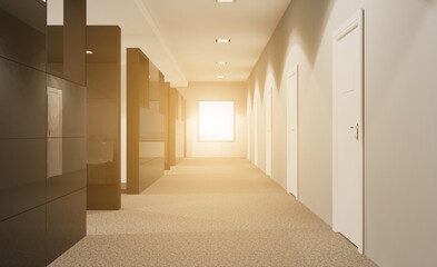 Modern office building interior. 3D rendering.. Sunset.. Modern office building interior. 3D rendering.