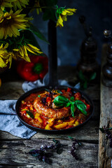 Sausage, Peppers, and Onion  in iron pan