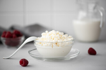 homemade cottage cheese with milk and raspberries in a glass bowl
