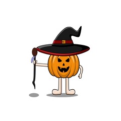vector mascot pumpkin wizard character wearing black hat with a red ribbon on the head of a pumpkin. Holding the stick. Vector illustration on a white background.