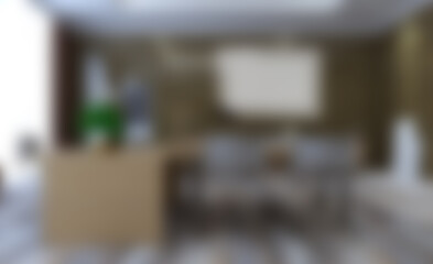 Unfocused, Blur phototography. Large study with modern furniture. The workplace of the head of the company. Business background. 3D rendering. Blank paintings.  Mockup.