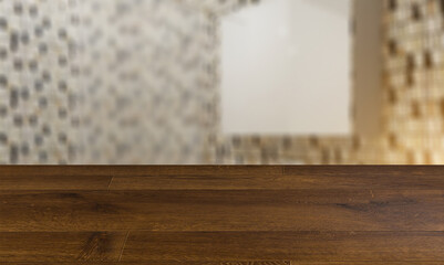 blurred interior on a wooden table background.Modern bathroom including bath and sink. 3D rendering.. Sunset.