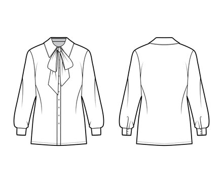 Pussy-bow shirt technical fashion illustration with long sleeves with cuff, relax fit, front button-fastening, regular collar. Flat apparel template front back white color. Women unisex top CAD mockup
