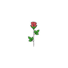 Red rose flat color line icon in minimal design. Luxury flower simple linear sign, symbol, object, ui element, pictogram on isolated white background.