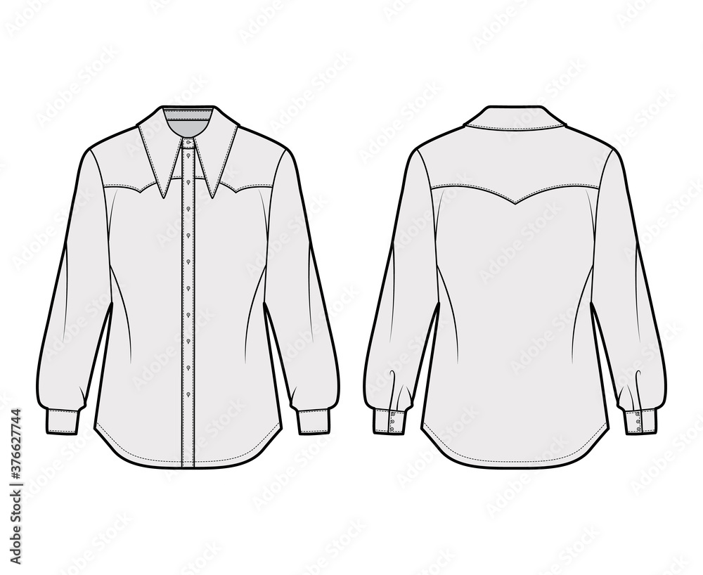 Wall mural Western-inspired shirt technical fashion illustration with long sleeves with cuff, front button-fastening exaggerated point collar. Flat template front back grey color. Women men unisex top CAD mockup - Wall murals