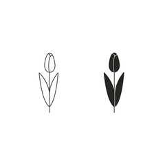 Tulip flower flat line icon and monochrome silhouette in minimal design on isolated white background.