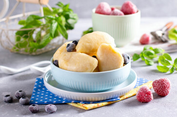 Dumplings, filled with cottage cheese. Russian, Ukrainian or Polish dish: varenyky, vareniki, pyrohy.