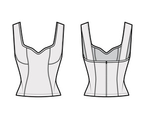 Paneled corset-style top technical fashion illustration with Jewel neckline, close fit, back concealed zip fastening. Flat apparel template front, back grey color. Women men unisex shirt CAD mockup