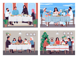 Traditional family dinners flat color vector illustration set. National meal for multinational people. Multiethnic 2D cartoon characters with interior and landscape on background collection
