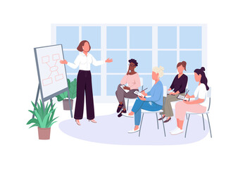 Girl office meeting flat color vector faceless characters. Leadership lesson. Business lady makes presentation for female colleagues isolated cartoon illustration for web graphic design and animation