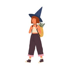 Cute happy girl wearing witch hat carry backpack full of magical herbs. Funny portrait of joyful little wizard with mysterious plants. Flat vector cartoon childish illustration isolated on white