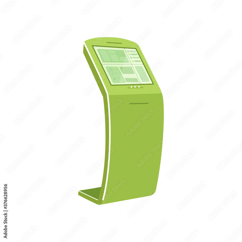 Poster green self service kiosk flat color vector object. interactive device for checkout. touch screen pan