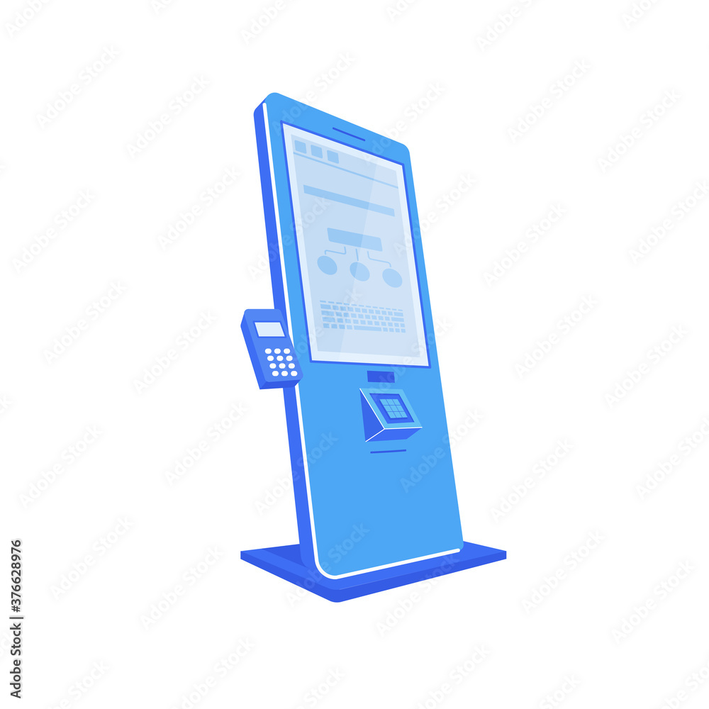 Poster blue self service kiosk flat color vector object. digital device with touch screen. interactive stat