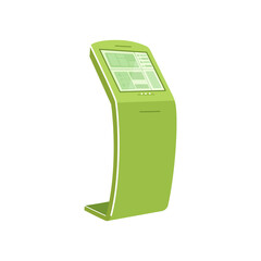 Green self service kiosk flat color vector object. Interactive device for checkout. Touch screen panel for purchasing. Terminal isolated cartoon illustration for web graphic design and animation