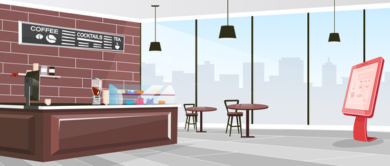 Inside cafeteria flat color vector illustration. Industrial coffee shop indoors. Restaurant with furniture and self service kiosk. Cafe 2D cartoon interior with window on background