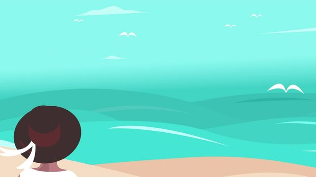 Travelling and freedom spirit concept. Girl in the hat looking at sea or ocean, moving animated illustration, graphic design for web site illustration.
