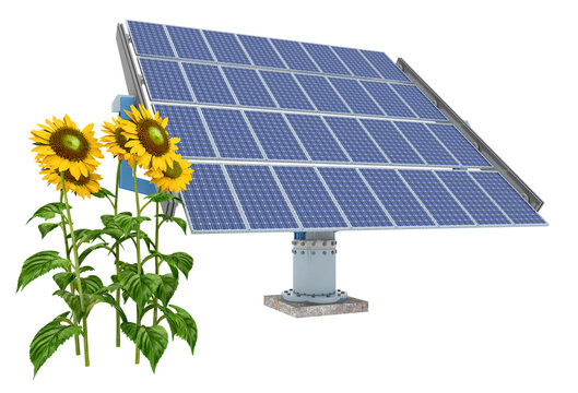 Solaranlage mit Sonnenblumen, Freisteller
