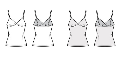 Camisole slip top technical fashion illustration with sweetheart neck, straps, slim fit, elongated hem. Flat outwear tank apparel template front, back, white, grey color. Women, men, unisex CAD mockup